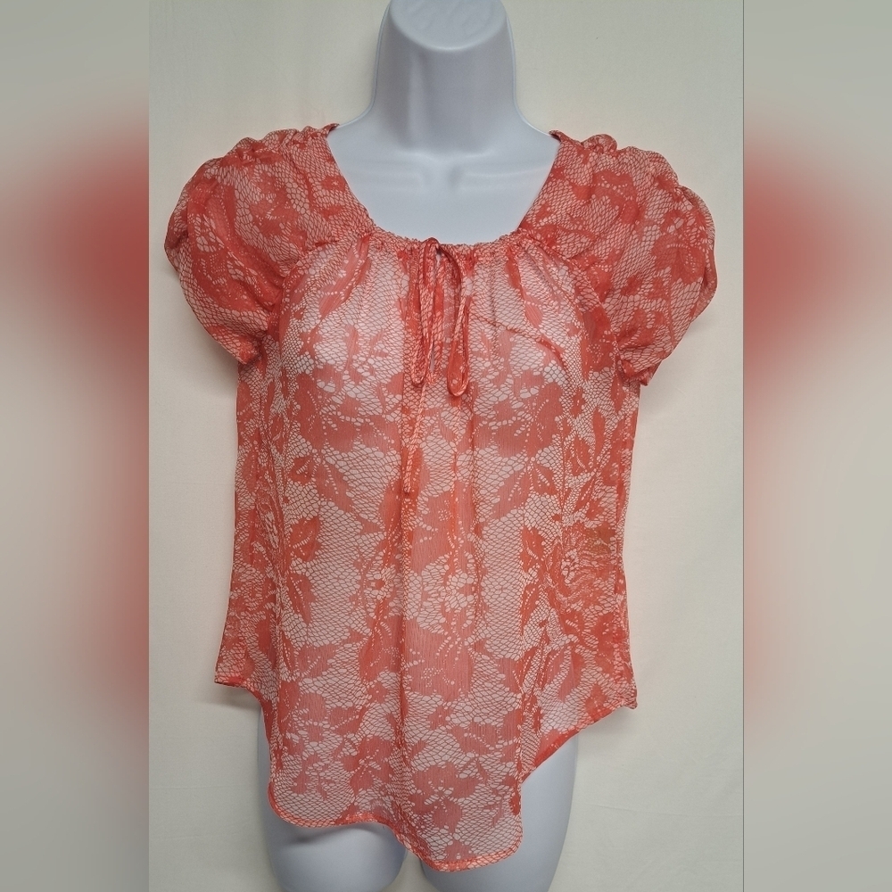 Princess Vera Wang XS Sheer Top Drawstring Front Tie Short Gathered Sleeve Coral